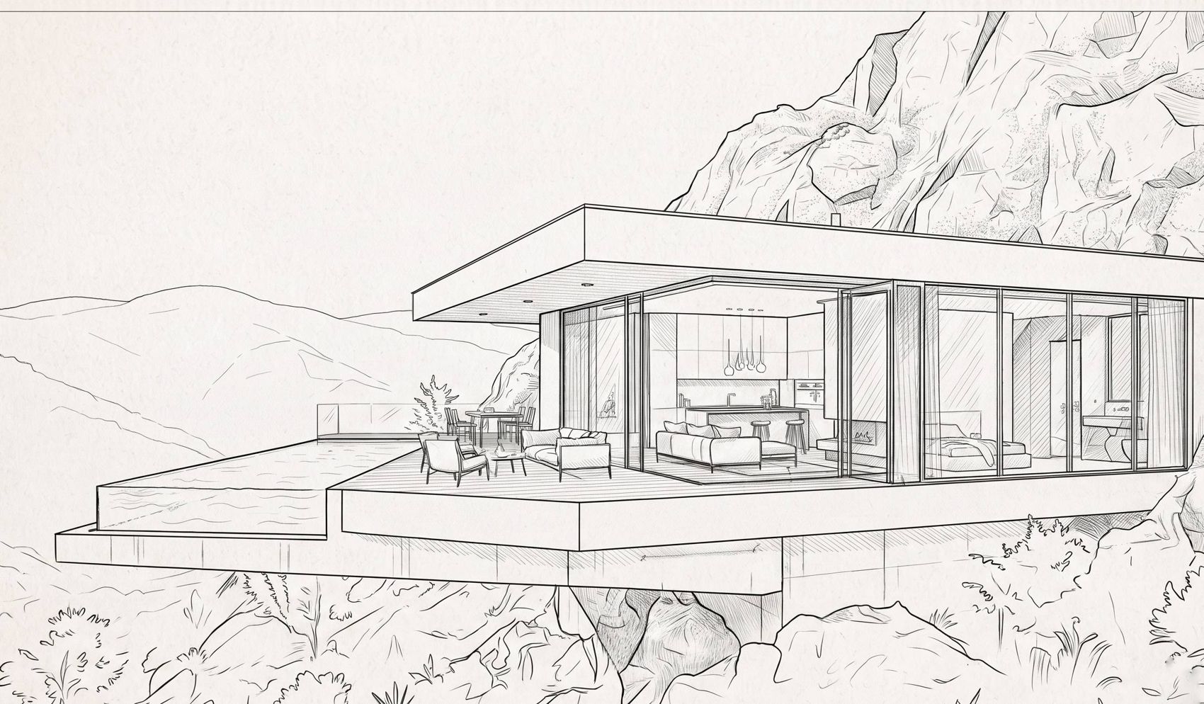 Pencil sketch of the Cliff House exterior, a glass house cantilevered from a cliff above a valley